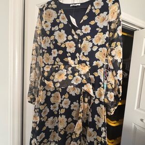 Cato Navy and Yellow Floral Long Sleeve Dress